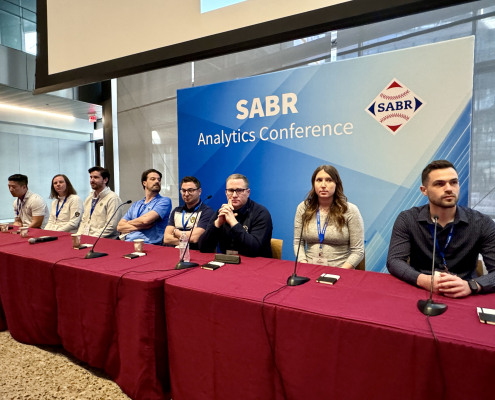 Milwaukee Brewers Front Office 360 Panel on Sunday, March 16, 2025, at the SABR Analytics Conference. From left to right: 1. Daniel Oh, 2. Maggie Noffke, 3. Everett Johnson, 4. Dan Turkenkopf, 5. Andrew Fox, 6. Phil Hauser, 7. Megan Stewart, 8. Eric Babitz.