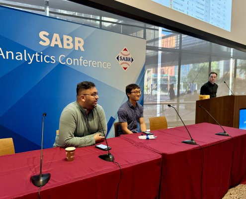 From left, Jason Bernard, Do-Hyoung Park, and Mike Petriello of Major League Baseball speaks during the 2025 SABR Analytics Conference on March 15, 2025, in Phoenix, Arizona.